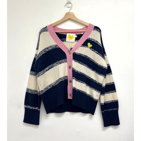 Kerri Rosenthal 100% Cashmere Mixed Stripe Colorful Heart Boxy V-Neck CardiganXS - Picture 9 of 9